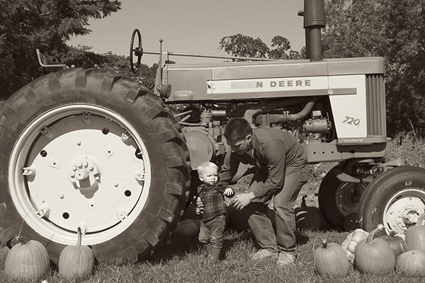 Family Photo Editing clackamas Pumpkin tractor father and son color removed